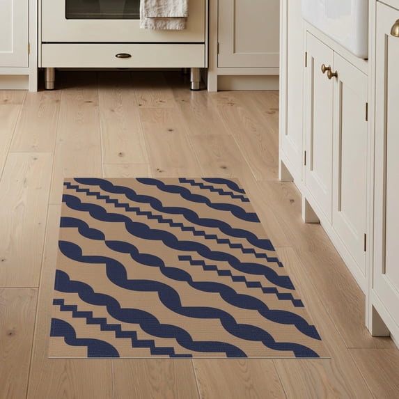 ODIKA 3'x5' Navy Tan Kuba Handwoven Geometric Wave Washable Area Rug Diagonal Striped Contemporary Abstract Design Non-Slip, Flatweave, Easy Care for Hallway, Laundry Room