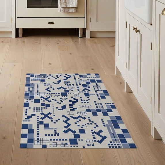 ODIKA 3'x5' Navy White Geometric Modern Design Washable Throw Rug Intricate Abstract Pattern with Squares Stain Resistant, Low Profile, Non-Slip for Entryway, Kitchen, Mudroom
