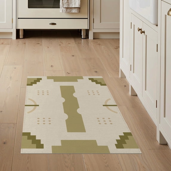 ODIKA 3'x5' Olive Green Beige Mid Century Bordered Washable Area Rug Geometric Modern Design with Symmetry Non-Slip, Flatweave, Easy Care for Hallway, Laundry Room