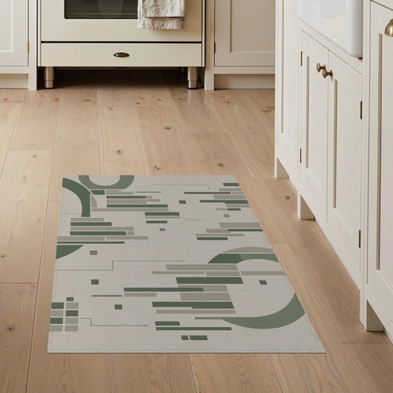 ODIKA 3'x5' Olive Green Geometric Art Striated Washable Throw Rug Modern Abstract Design With Border Ornamental for Entryway, Kitchen, Mudroom, Stain Resistant, Low Profile, Non-Slip