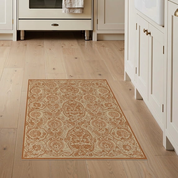 ODIKA 3'x5' Orange Botanical Petal Border Decorative Symmetrical Traditional Washable Throw Rug None Stain Resistant, Low Profile, Non-Slip for Entryway, Kitchen, Mudroom