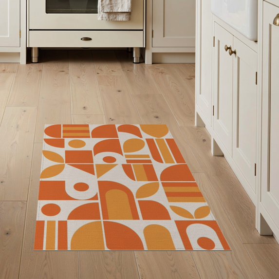 ODIKA 3'x5' Orange Cream Beige Geometric Mid-Century Washable Area Rug Retro Shapes with Bold 70s Aesthetic Non-Slip, Flatweave, Easy Care for Hallway, Laundry Room