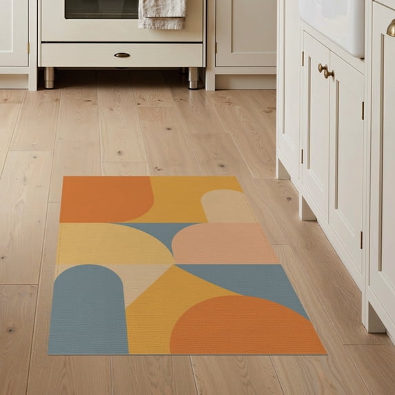 ODIKA 3'x5' Orange Yellow Geometric Design Washable Throw Rug Contemporary Abstract Pattern Aesthetic Stain Resistant, Low Profile, Non-Slip for Entryway, Kitchen, Mudroom