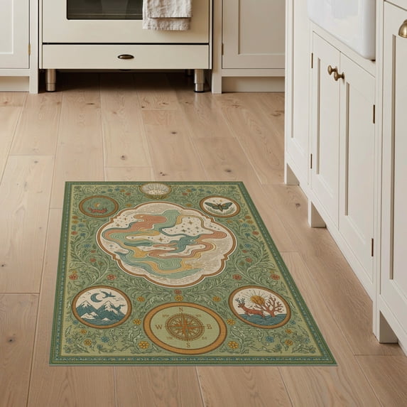 ODIKA 3'x5' Sage Green Explorer S Dream Little Washable Throw Rug Intricate Flatwoven Design With Nature And Compass Motifs Stain Resistant, Low Profile, Non-Slip for Entryway, Kitchen, Mudroom