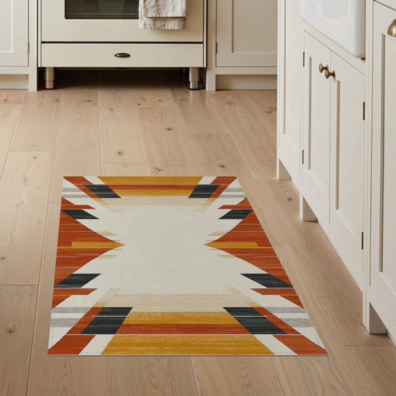 ODIKA 3'x5' Southwestern Chic Abstract Geometric Sunburst Washable Throw Rug Stain Resistant, Low Profile, Non-Slip for Entryway, Kitchen, Mudroom