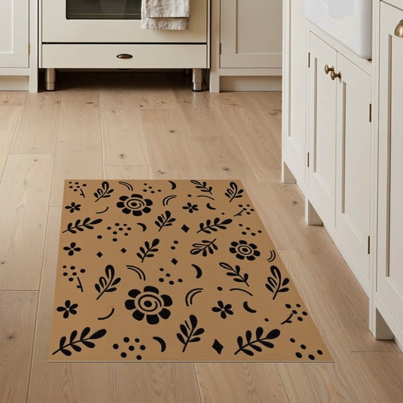 ODIKA 3'x5' Tan Botanical Floral Scattered Design Washable Area Rug Whimsical Folk Art Motifs With Leaves Flowers Dots Diamond Accents Rustic Non-Slip, Flatweave, Easy Care for Hallway, Laundry Room