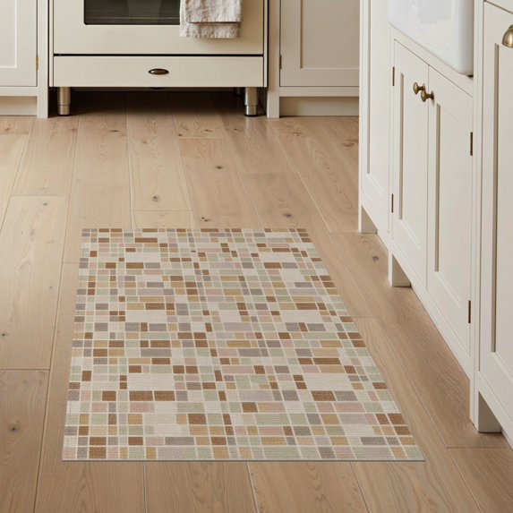 ODIKA 3'x5' Tan Geometric Patchwork Abstract Washable Throw Rug Interlocking Tile Mosaic Faceted Squares Modern Repeat Stain Resistant, Low Profile, Non-Slip for Entryway, Kitchen, Mudroom