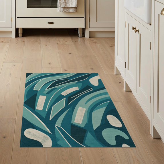ODIKA 3'x5' Teal Dynamic Curved Lines And Shapes In A Washable Accent Rug Modern Graphic Design Ornamental Balanced Border Pet Friendly, Non-Shedding Mat for Bedside, Nursery Room