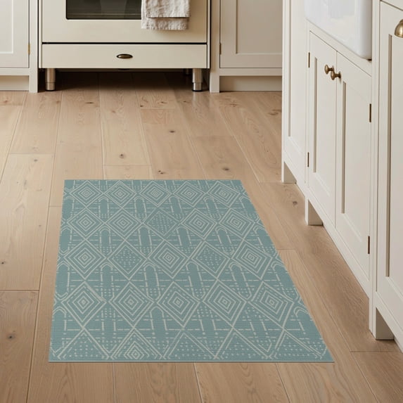 ODIKA 3'x5' Teal Geometric Diamond Santorini Design Washable Accent Rug Contemporary Motif With Intricate Dotted Details And Repeating Pet Friendly, Non-Shedding Mat for Bedside, Nursery Room