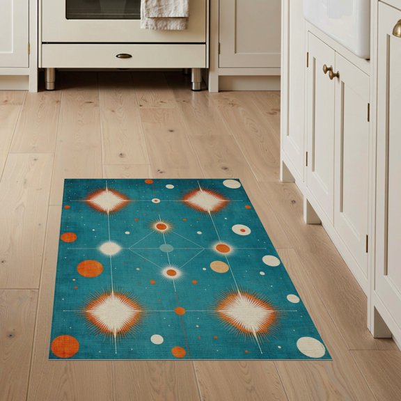 ODIKA 3'x5' Teal Mid Century Atomic Starburst Washable Area Rug Abstract Minimalist Arrangement Bold Contrast Ornamental for Hallway, Laundry Room, Non-Slip, Flatweave, Easy Care
