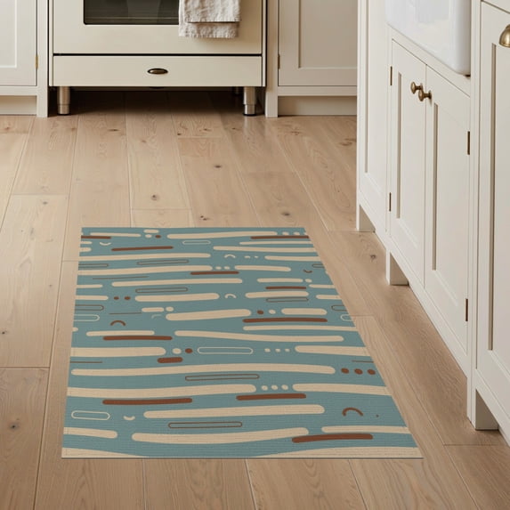 ODIKA 3'x5' Teal Modern Abstract Geometric Washable Throw Rug Mid Century Horizontal Striped Motif With Rounded And for Entryway, Kitchen, Mudroom, Stain Resistant, Low Profile, Non-Slip