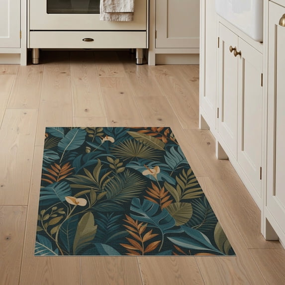 ODIKA 3'x5' Teal Tropical Canopy: Lush Jungle Washable Accent Rug Elegant Botanical Patterns with Exotic Flora for Bedside, Nursery Room, Pet Friendly & Non-Shedding