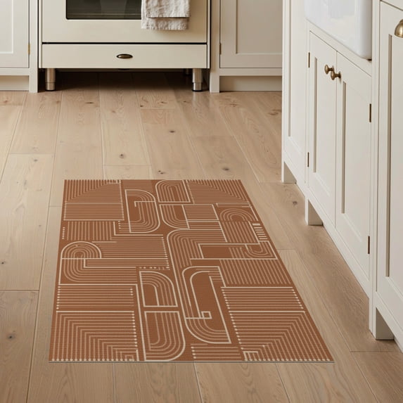 ODIKA 3'x5' Terracotta Geometric Lines Washable Accent Rug Modern Abstract With Intricate Design Pet Friendly, Non-Shedding Mat for Bedside, Nursery Room