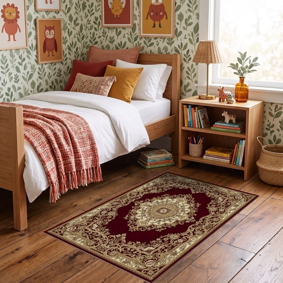 ODIKA 3'x5' Ultra-Soft Throw Mat, Bedside Traditional Way Motif Decorative Border Vintage Hallways None Washable, Bare feet friendly, Easy Care Indoor rug for Bedside, Vanity