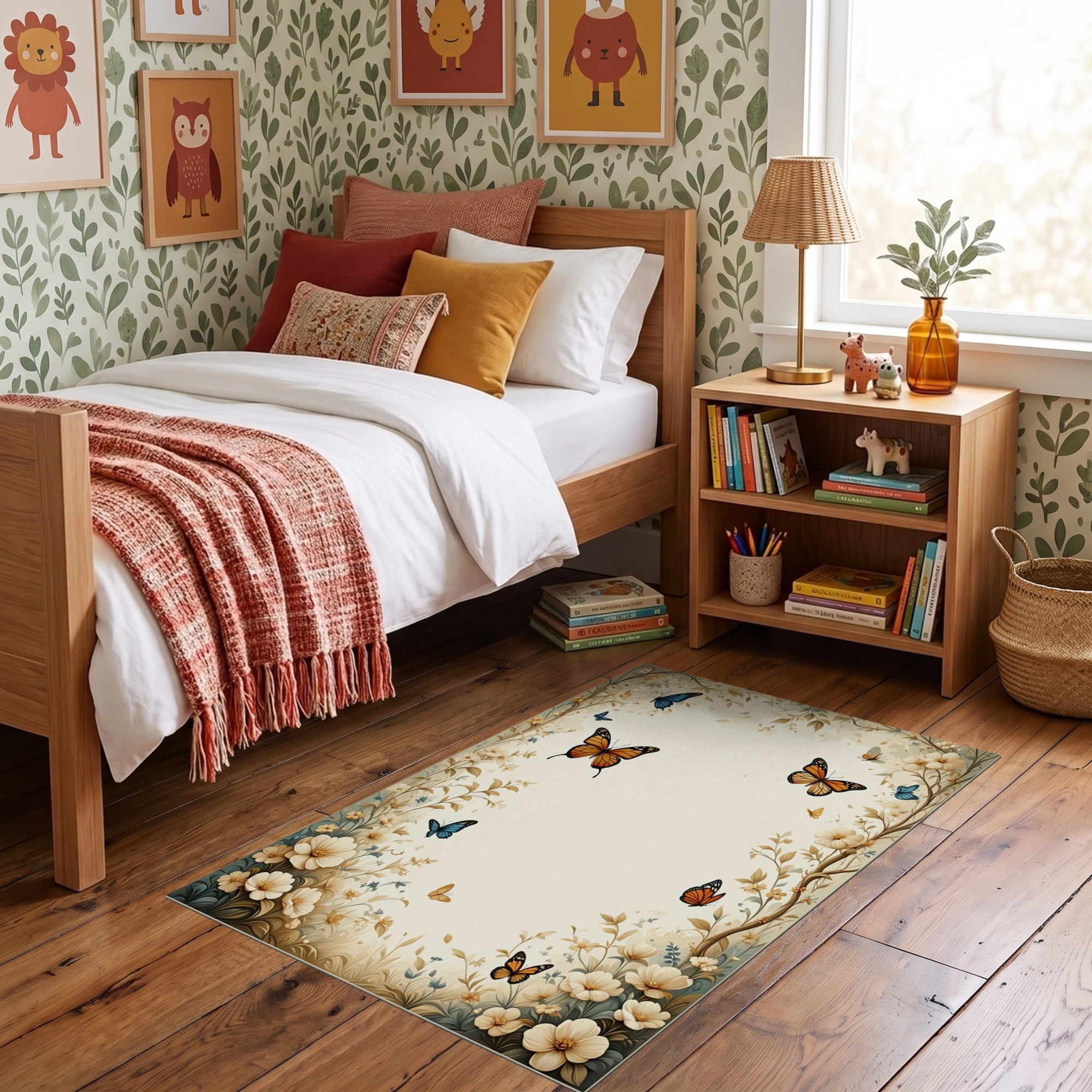 ODIKA 3'x5' Ultra-Soft Throw Mat, Beige Butterfly Garden Design Floral ...