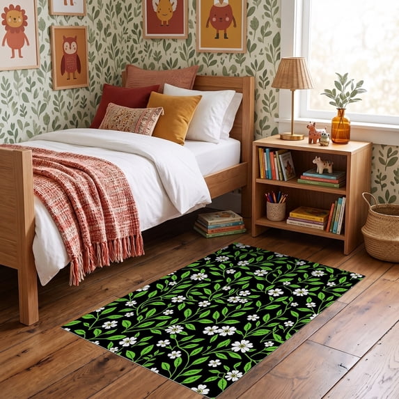 ODIKA 3'x5' Ultra-Soft Throw Mat, Black Botanical Garden Path Design ...