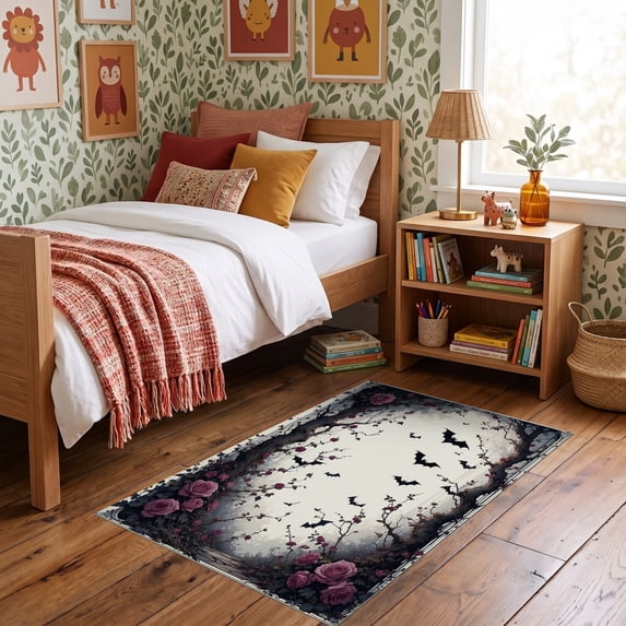 ODIKA 3'x5' Ultra-Soft Throw Mat, Black Gothic Bat Halloween Flowers Romantic Boho Roses with Symmetrical Motifs Washable, Bare feet friendly, Easy Care Indoor rug for Bedside, Vanity