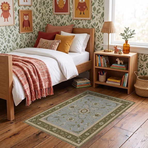 ODIKA 3'x5' Ultra-Soft Throw Mat, Blue Olive Elegance with Floral and Vine Motifs Intricate Symmetrical Design, Classic Washable, Bare feet friendly, Easy Care Indoor rug for Bedside, Vanity