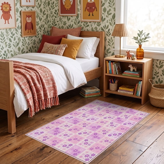 ODIKA 3'x5' Ultra-Soft Throw Mat, Checkered Purple Playful Squares Boho Charm Bold Checkerboard Pink Flowing None Washable, Bare feet friendly, Easy Care Indoor rug for Bedside, Vanity