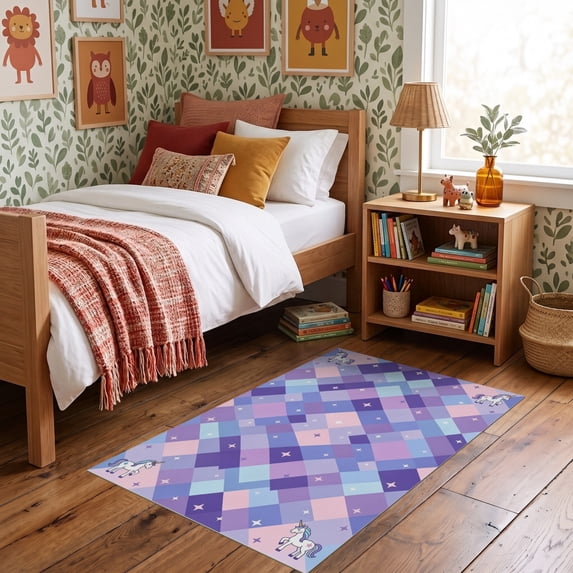 ODIKA 3'x5' Ultra-Soft Throw Mat, Diagonal Unicorn Checkerboard Motifs Emblems Purple Checkered None Washable, Bare feet friendly, Easy Care Indoor rug for Bedside, Vanity