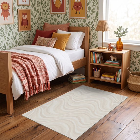 ODIKA 3'x5' Ultra-Soft Throw Mat, Dining Beige Asymmetrical Gradients Understated Greek Key Abstract None Washable, Bare feet friendly, Easy Care Indoor rug for Bedside, Vanity
