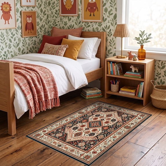 ODIKA 3'x5' Ultra-Soft Throw Mat, Dining Vintage Under Southwestern Boho Motifs Ornate Border Large None Washable, Bare feet friendly, Easy Care Indoor rug for Bedside, Vanity