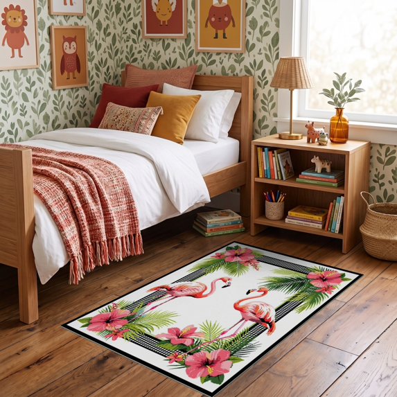 ODIKA 3'x5' Ultra-Soft Throw Mat, Door Plaid Pcs Border Hibiscus Motif Welcome Hawaiian Frame Boho None Washable, Bare feet friendly, Easy Care Indoor rug for Bedside, Vanity