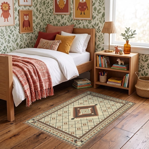 ODIKA 3'x5' Ultra-Soft Throw Mat, Entryway Southwestern Terracotta Cream Symmetrical Dotted Motif None Washable, Bare feet friendly, Easy Care Indoor rug for Bedside, Vanity