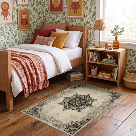 ODIKA 3'x5' Ultra-Soft Throw Mat, Farmhouse Boho Featuring Weathered Framing Desk Dining Under None Washable, Bare feet friendly, Easy Care Indoor rug for Bedside, Vanity