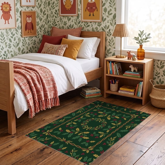 ODIKA 3'x5' Ultra-Soft Throw Mat, Festive Botanical Vine Border Circle Classroom Round Rings Leaves Playful None Washable, Bare feet friendly, Easy Care Indoor rug for Bedside, Vanity