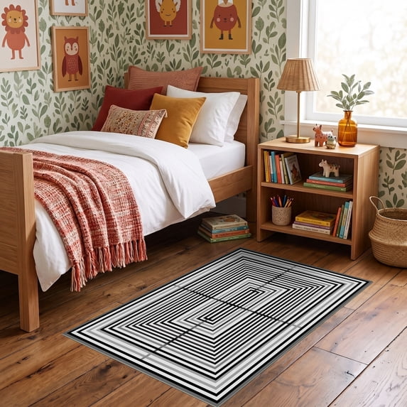 ODIKA 3'x5' Ultra-Soft Throw Mat, Geometric Minimalist Interlocking Lines Symmetrical Balance Grey None Washable, Bare feet friendly, Easy Care Indoor rug for Bedside, Vanity