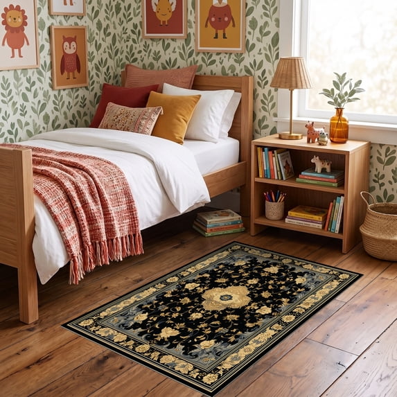 ODIKA 3'x5' Ultra-Soft Throw Mat, Gothic Vintage Medallion With Ornate Floral Scroll Corner Accents None Washable, Bare feet friendly, Easy Care Indoor rug for Bedside, Vanity