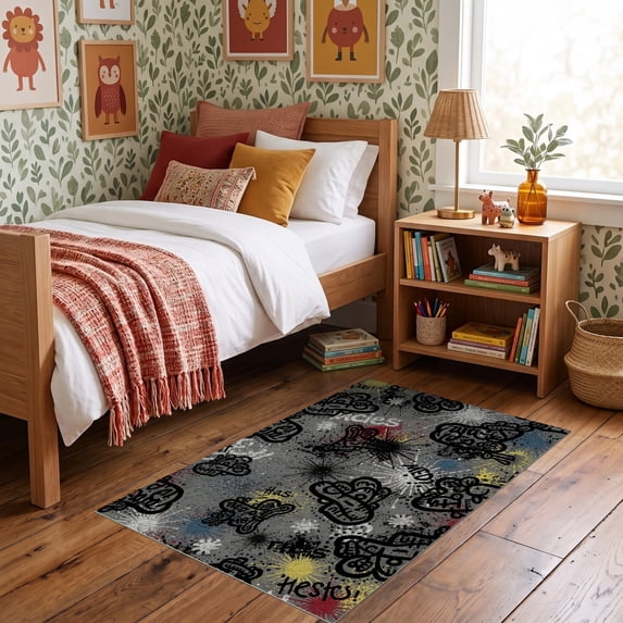 ODIKA 3'x5' Ultra-Soft Throw Mat, Graffiti Brushstroke Grey Wildlife Inspired Asymmetrical Animals None Washable, Bare feet friendly, Easy Care Indoor rug for Bedside, Vanity