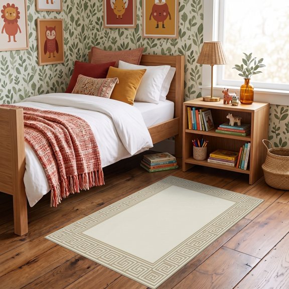 ODIKA 3'x5' Ultra-Soft Throw Mat, Greek Interlocking Key Border Minimalist Panel Geometric Maze None Washable, Bare feet friendly, Easy Care Indoor rug for Bedside, Vanity