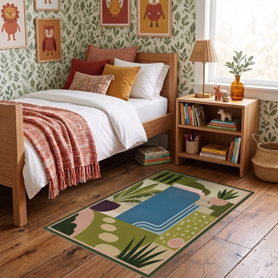 ODIKA 3'x5' Ultra-Soft Throw Mat, Green Blue Geometric and Botanical Abstract Art Design with Plant Motifs Washable, Bare feet friendly, Easy Care Indoor rug for Bedside, Vanity