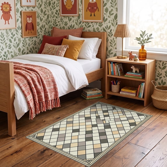 Room Layout Grid Rug ODIKA 3'x5' Ultra-Soft Throw Mat, Grid Lattice Motif Geometric Squares ...