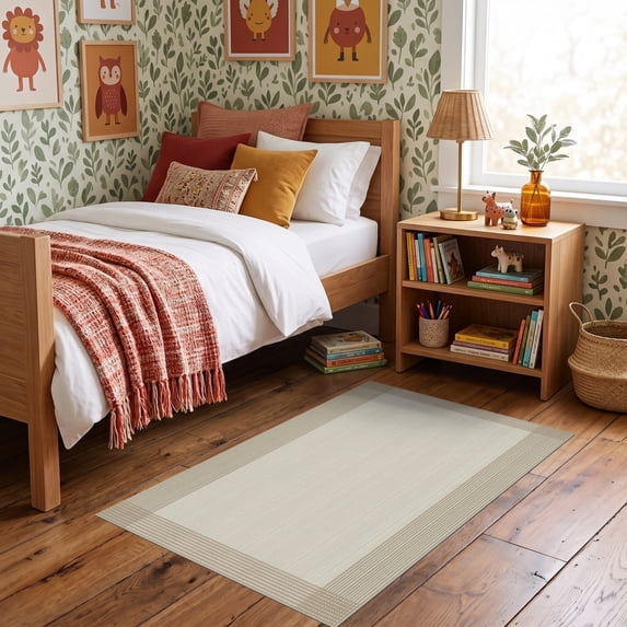 ODIKA 3'x5' Ultra-Soft Throw Mat, Herringbone Modern Minimalist With Geometric Two Tone Stripes None Washable, Bare feet friendly, Easy Care Indoor rug for Bedside, Vanity