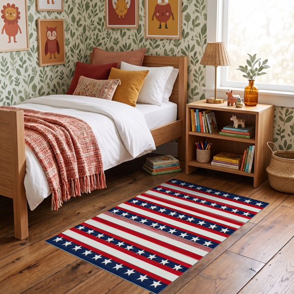 ODIKA 3'x5' Ultra-Soft Throw Mat, July Fourth Independence Patriotic Interlocking Stars Stripe None Washable, Bare feet friendly, Easy Care Indoor rug for Bedside, Vanity