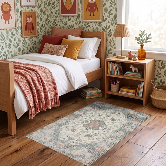 Beige Border Rug ODIKA 3'x5' Ultra-Soft Throw Mat, Large Vintage Beige Farmhouse ...
