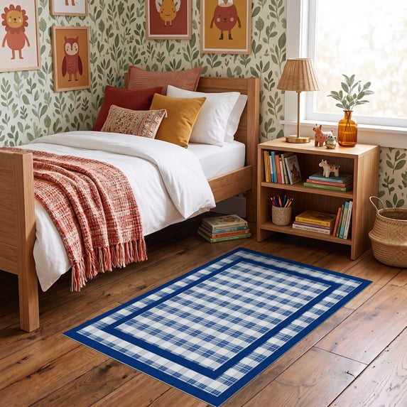 Layared Rugs ODIKA 3'x5' Ultra-Soft Throw Mat, Layering Gingham Border Frame Striped ...