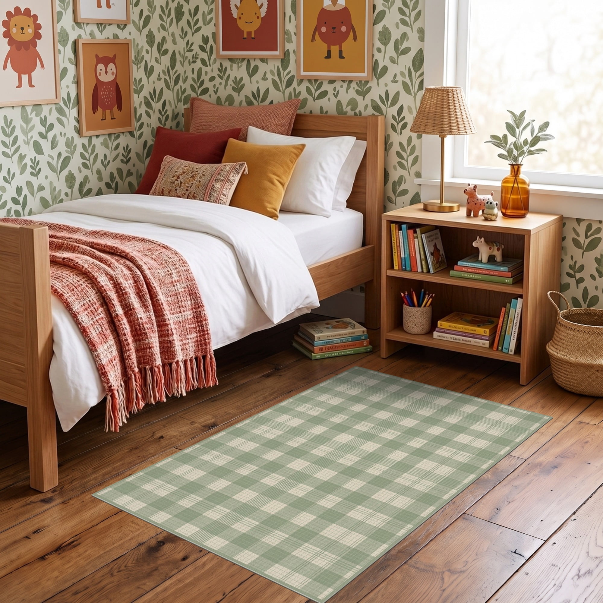 Neurtral Checkerd Rug ODIKA 3'x5' Ultra-Soft Throw Mat, Mint Farmhouse Sage Patchwork Blocks ...