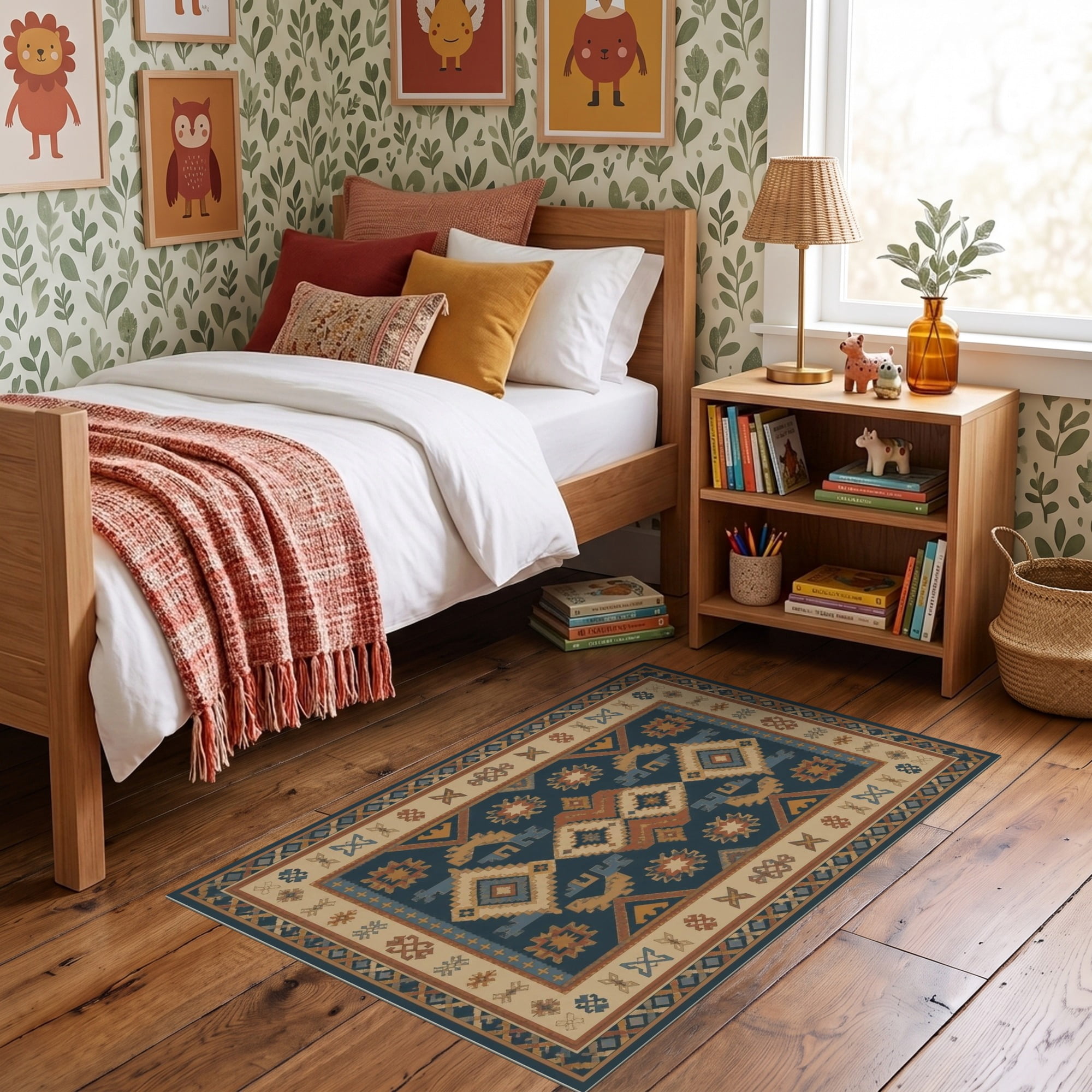 Geometric Border Rug Design ODIKA 3'x5' Ultra-Soft Throw Mat, Navy Beige Geometric Symmetry Accents ...