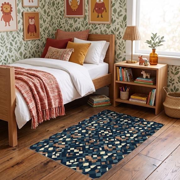 ODIKA 3'x5' Ultra-Soft Throw Mat, Navy Long Angular Blocks Contrasting Accessories Ocean Racetrack None Washable, Bare feet friendly, Easy Care Indoor rug for Bedside, Vanity
