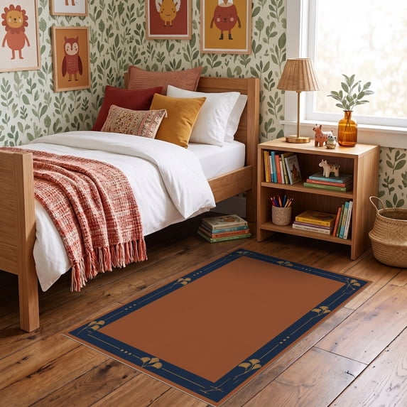 ODIKA 3'x5' Ultra-Soft Throw Mat, Navy Terracotta Floral Border Design Elegant Art Motif with Leaf Accents Washable, Bare feet friendly, Easy Care Indoor rug for Bedside, Vanity