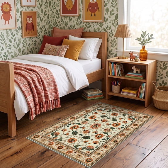 ODIKA 3'x5' Ultra-Soft Throw Mat, Orange Burnt Retro Swirl Abstract Border Decorative Creamy Wavy None Washable, Bare feet friendly, Easy Care Indoor rug for Bedside, Vanity