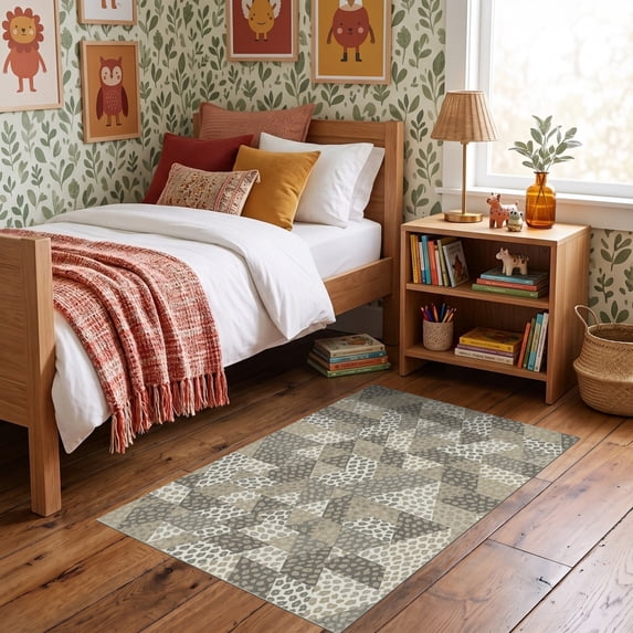 ODIKA 3'x5' Ultra-Soft Throw Mat, Patchwork Spotted Interlocking Triangles Abstract Motif Geometric Flowing None Washable, Bare feet friendly, Easy Care Indoor rug for Bedside, Vanity