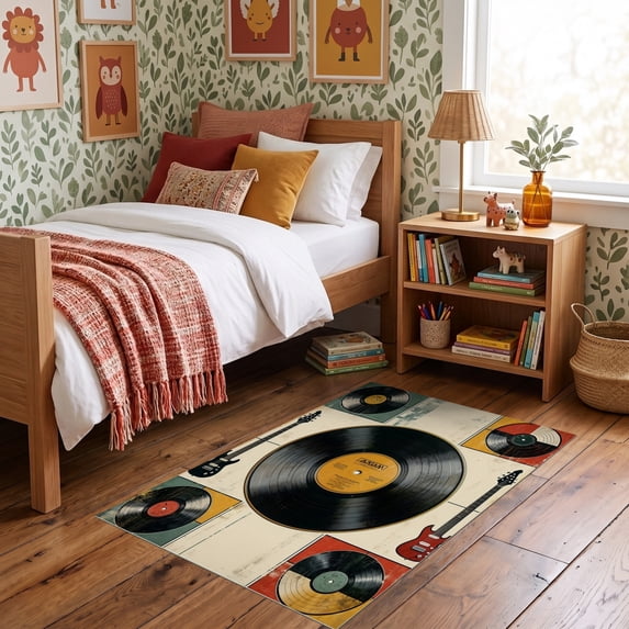 ODIKA 3'x5' Ultra-Soft Throw Mat, Personalized Guitar Vinyl Disc Musical Note Movie Theater Juice None Washable, Bare feet friendly, Easy Care Indoor rug for Bedside, Vanity