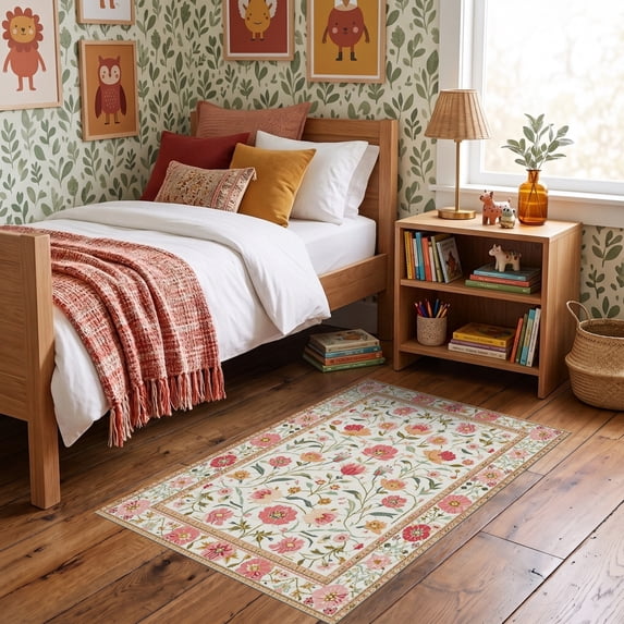 Pink Bloom Rug ODIKA 3'x5' Ultra-Soft Throw Mat, Pink Boho Folk Blooms Tossed ...
