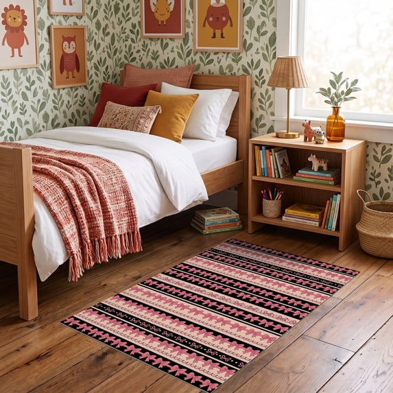 ODIKA 3'x5' Ultra-Soft Throw Mat, Pink Decorative Ribbon Themed Alternating Bands Shaped None Washable, Bare feet friendly, Easy Care Indoor rug for Bedside, Vanity