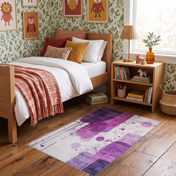 ODIKA 3'x5' Ultra-Soft Throw Mat, Purple Abstract Brushstroke Watercolor Splatter Swirl Ombre Gradient None Washable, Bare feet friendly, Easy Care Indoor rug for Bedside, Vanity